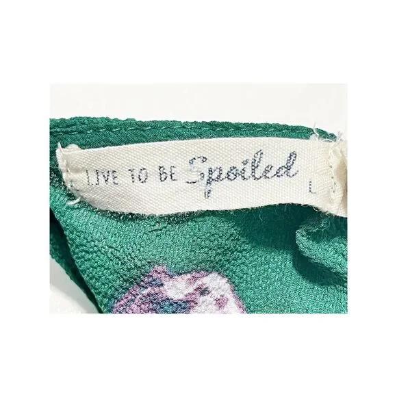 Live To Be Spoiled Floral Print Long Bell Sleeve Blouse Keyhole Back Green Large - Picture 2 of 14